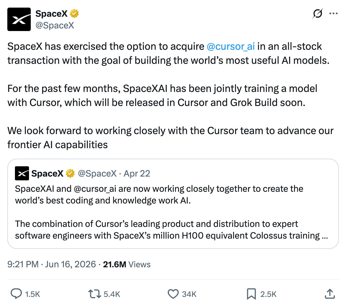 SpaceX 正式完成对 Cursor $600 亿美元的收购 1